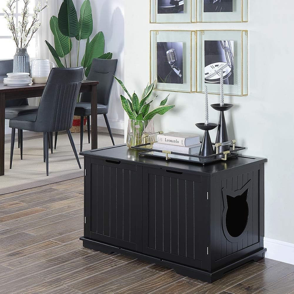X-Large Designer Cat Washroom Storage Bench Cat Litter Box Enclosure Furniture Box House with Table, Big Enough for Automatic Litter Box or Two Litter Boxes.